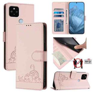 For Google Pixel 5 XL/4a 5G Cat Rat Embossed Pattern RFID Leather Phone Case with Lanyard(Pink)