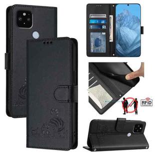 For Google Pixel 5 XL/4a 5G Cat Rat Embossed Pattern RFID Leather Phone Case with Lanyard(Black)
