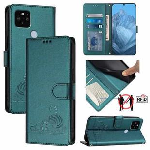 For Google Pixel 5 XL/4a 5G Cat Rat Embossed Pattern RFID Leather Phone Case with Lanyard(Peacock Green)