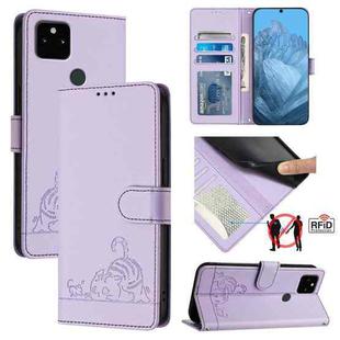 For Google Pixel 5a 5G Cat Rat Embossed Pattern RFID Leather Phone Case with Lanyard(Purple)