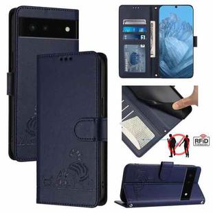 For Google Pixel 6 Cat Rat Embossed Pattern RFID Leather Phone Case with Lanyard(Blue)