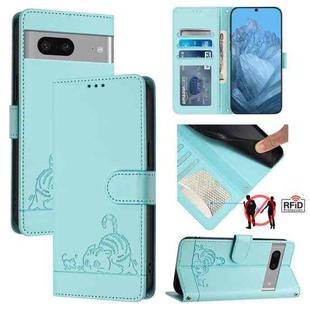 For Google Pixel 7 5G Cat Rat Embossed Pattern RFID Leather Phone Case with Lanyard(Mint Green)