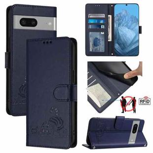 For Google Pixel 7 5G Cat Rat Embossed Pattern RFID Leather Phone Case with Lanyard(Blue)