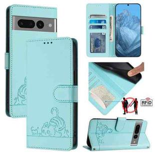 For Google Pixel 7 Pro 5G Cat Rat Embossed Pattern RFID Leather Phone Case with Lanyard(Mint Green)