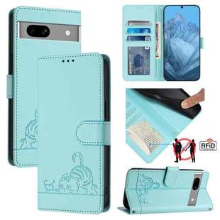 For Google Pixel 7a Cat Rat Embossed Pattern RFID Leather Phone Case with Lanyard(Mint Green)