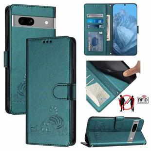 For Google Pixel 7a Cat Rat Embossed Pattern RFID Leather Phone Case with Lanyard(Peacock Green)