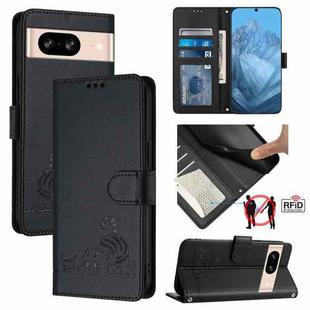 For Google Pixel 8 Cat Rat Embossed Pattern RFID Leather Phone Case with Lanyard(Black)