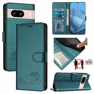 For Google Pixel 8 Cat Rat Embossed Pattern RFID Leather Phone Case with Lanyard(Peacock Green)