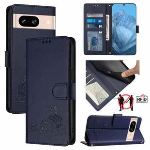 For Google Pixel 8 Cat Rat Embossed Pattern RFID Leather Phone Case with Lanyard(Blue)