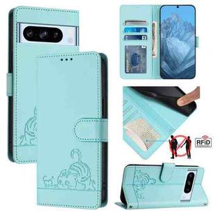 For Google Pixel 8 Pro Cat Rat Embossed Pattern RFID Leather Phone Case with Lanyard(Mint Green)