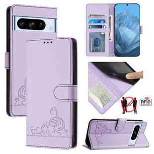 For Google Pixel 8 Pro Cat Rat Embossed Pattern RFID Leather Phone Case with Lanyard(Purple)