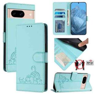 For Google Pixel 8a Cat Rat Embossed Pattern RFID Leather Phone Case with Lanyard(Mint Green)