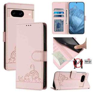 For Google Pixel 8a Cat Rat Embossed Pattern RFID Leather Phone Case with Lanyard(Pink)
