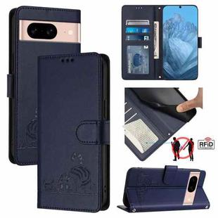 For Google Pixel 8a Cat Rat Embossed Pattern RFID Leather Phone Case with Lanyard(Blue)