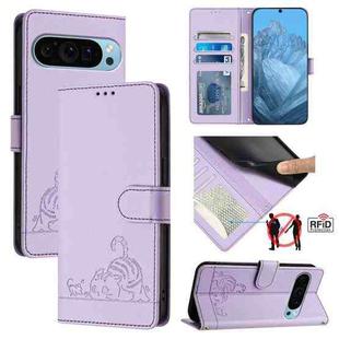 For Google Pixel 9 5G Cat Rat Embossed Pattern RFID Leather Phone Case with Lanyard(Purple)