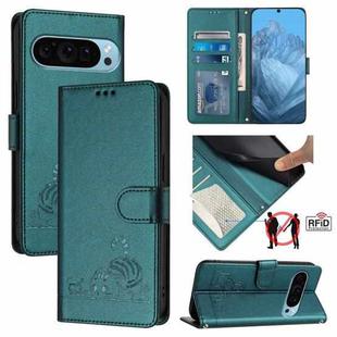 For Google Pixel 9 Pro 5G Cat Rat Embossed Pattern RFID Leather Phone Case with Lanyard(Peacock Green)