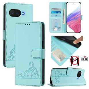 For Google Pixel 9a Cat Rat Embossed Pattern RFID Leather Phone Case with Lanyard(Mint Green)