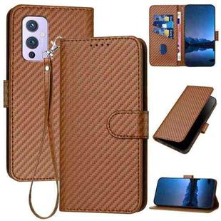 For OnePlus 9 YX0070 Carbon Fiber Buckle Leather Phone Case with Lanyard(Coffee)