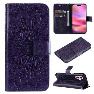 For iPhone 16 Embossed Sunflower Pattern Flip Leather Phone Case(Purple)