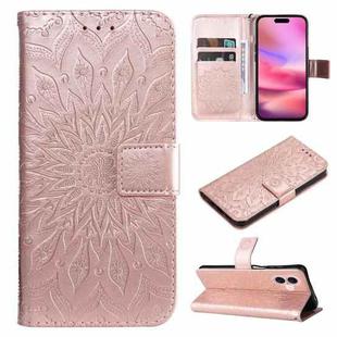 For iPhone 16 Embossed Sunflower Pattern Flip Leather Phone Case(Rose Gold)