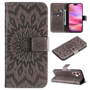For iPhone 16 Embossed Sunflower Pattern Flip Leather Phone Case(Grey)