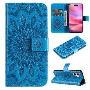 For iPhone 16 Embossed Sunflower Pattern Flip Leather Phone Case(Blue)