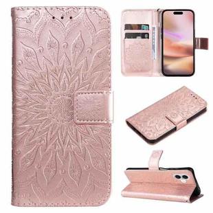 For iPhone 16 Plus Embossed Sunflower Pattern Flip Leather Phone Case(Rose Gold)