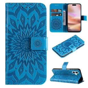 For iPhone 16 Plus Embossed Sunflower Pattern Flip Leather Phone Case(Blue)