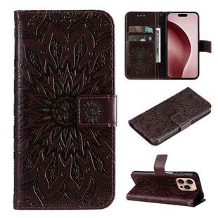 For iPhone 16 Pro Embossed Sunflower Pattern Flip Leather Phone Case(Brown)