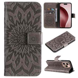 For iPhone 16 Pro Embossed Sunflower Pattern Flip Leather Phone Case(Grey)