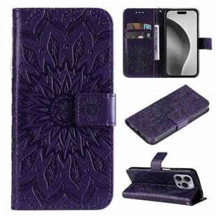 For iPhone 16 Pro Max Embossed Sunflower Pattern Flip Leather Phone Case(Purple)