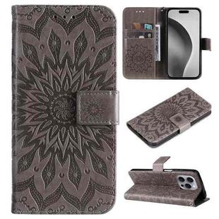 For iPhone 16 Pro Max Embossed Sunflower Pattern Flip Leather Phone Case(Grey)