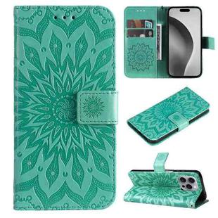 For iPhone 16 Pro Max Embossed Sunflower Pattern Flip Leather Phone Case(Green)