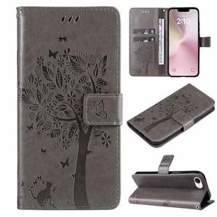 For iPhone SE 2024 Tree & Cat Embossed Pattern Flip Leather Phone Case(Grey)