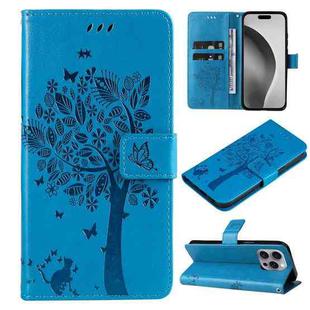 For iPhone 16 Pro Max Tree & Cat Embossed Pattern Flip Leather Phone Case(Blue)