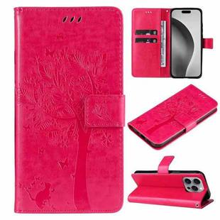 For iPhone 16 Pro Max Tree & Cat Embossed Pattern Flip Leather Phone Case(Rose Red)