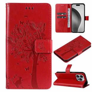 For iPhone 16 Pro Max Tree & Cat Embossed Pattern Flip Leather Phone Case(Red)