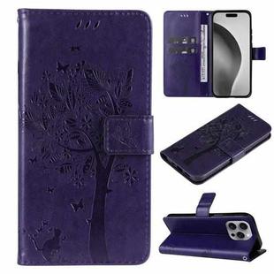 For iPhone 16 Pro Max Tree & Cat Embossed Pattern Flip Leather Phone Case(Purple)