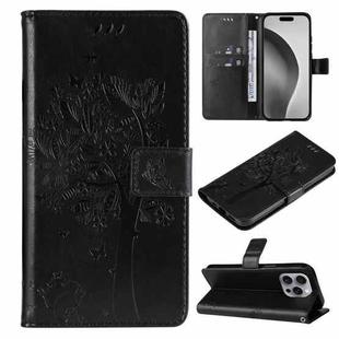 For iPhone 16 Pro Max Tree & Cat Embossed Pattern Flip Leather Phone Case(Black)