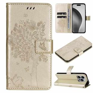 For iPhone 16 Pro Max Tree & Cat Embossed Pattern Flip Leather Phone Case(Gold)