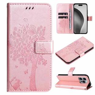 For iPhone 16 Pro Max Tree & Cat Embossed Pattern Flip Leather Phone Case(Rose Gold)