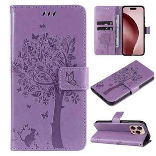 For iPhone 16 Pro Tree & Cat Embossed Pattern Flip Leather Phone Case(Light Purple)