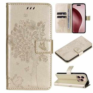 For iPhone 16 Pro Tree & Cat Embossed Pattern Flip Leather Phone Case(Gold)