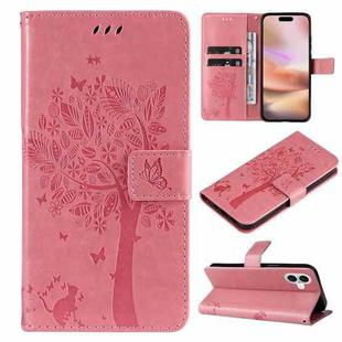For iPhone 16 Plus Tree & Cat Embossed Pattern Flip Leather Phone Case(Pink)