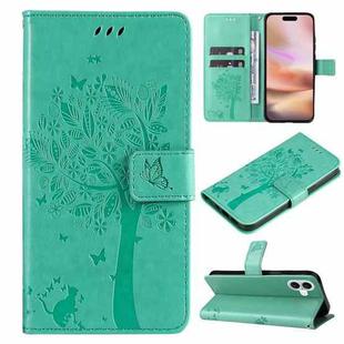 For iPhone 16 Plus Tree & Cat Embossed Pattern Flip Leather Phone Case(Green)