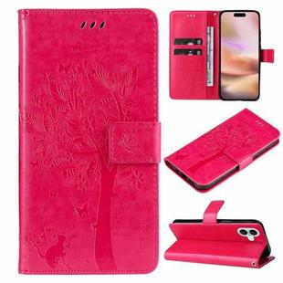 For iPhone 16 Plus Tree & Cat Embossed Pattern Flip Leather Phone Case(Rose Red)