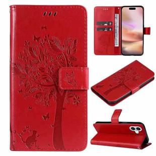 For iPhone 16 Plus Tree & Cat Embossed Pattern Flip Leather Phone Case(Red)