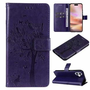 For iPhone 16 Plus Tree & Cat Embossed Pattern Flip Leather Phone Case(Purple)