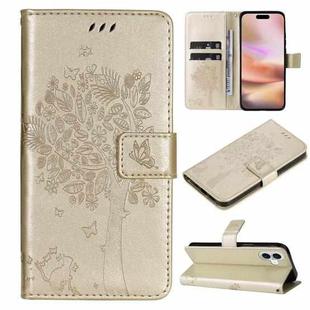 For iPhone 16 Plus Tree & Cat Embossed Pattern Flip Leather Phone Case(Gold)