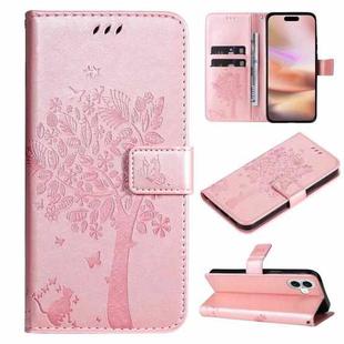 For iPhone 16 Plus Tree & Cat Embossed Pattern Flip Leather Phone Case(Rose Gold)